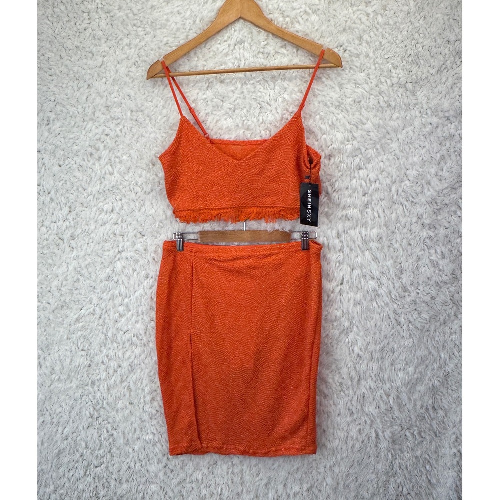 Shein SXY Skirt Set Womens XL Orange Knit Crop Top Mini Skirt Festival Boho NEW